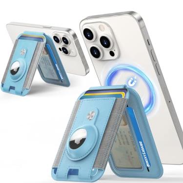 Imagem de Amzone Mag-Safe com suporte AirTag, magnético com suporte ajustável, telefone Mag-Safe para iPhone 15/14/13/12 séries, 7 compartimentos para cartão, couro vegano (azul claro)
