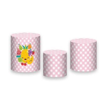Imagem de Trio de Capas de Cilindro - Frutinhas Cute Xadrez Rosa 052 - Via Cores