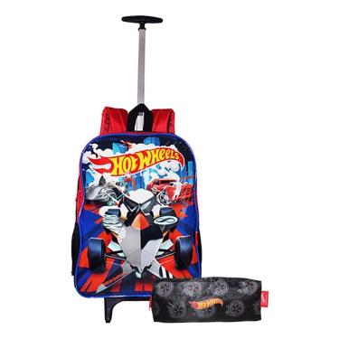 Imagem de Kit Mochila Hot Wheels Rodinhas + Estojo Infantil Masculina