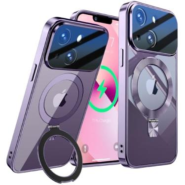 Imagem de [Proteção total da lente da câmera + anel de CD compatível com suporte MagSafe] Capa magnética para iPhone 14, proteção contra quedas de grau militar galvanizada, não amarela, capa transparente para