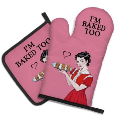 Imagem de DYJYBMY Conjunto de luvas de forno e suporte de panela I'm Baked Too Funny para mulheres, utensílios de cozinha retrô para dona de casa para mulheres, presentes de inauguração de casa para chef, seu