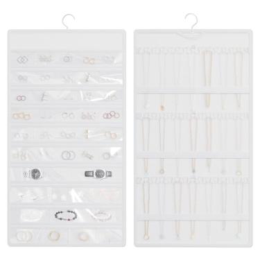 Imagem de Bosuelife Rolo organizador de joias pendurado, suporte de colares de dupla face, 42 bolsos mais 36 ganchos organizador de brincos pendurado no armário, na parede ou portas, branco