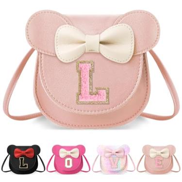 Imagem de izuzta Bolsa infantil para crianças 1 2 3 4 5 6 7 8 anos de idade bonito mouse orelha laço bolsa transversal presente de aniversário, Bolsa pequena/rosa/letra rosa, Large, G