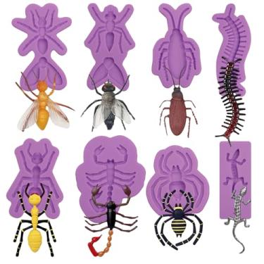Imagem de Moldes de silicone para insetos e insetos, conjunto de 8 peças, roxo, aranha, escorpião, formiga, lagartixa, centopéia, moldes de fondant para decoração de bolos, enfeite de cupcake, resina de argila