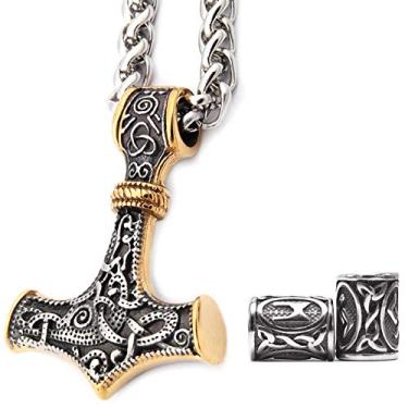 Imagem de GUNGNEER Colar Mjolnir com pingente de martelo Thor, cor dourada, nórdico, viking, 316L, aço inoxidável, bônus, 2 contas de Rune