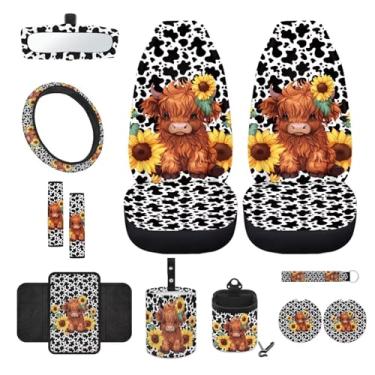Imagem de Wanyint Highland Cow Conjunto de 12 peças de capa de assento de carro frontal com capa de volante protetor de cinto de segurança caixa de apoio de braço suporte de copo saco de lixo bolso de