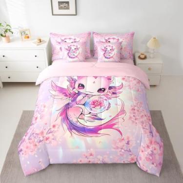 Imagem de Feelyou Jogo de cama infantil casal com estampa de axolotl, desenho animado, 7 peças, estampa kawaii, oceano, vida marinha e lençol floral, 7 peças