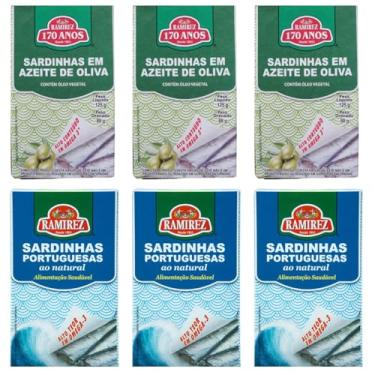 Imagem de Sardinha em Lata Portuguesa Ramirez - Superalimento - Tampa Abre Fácil -125g - Azeite Extravirgem de Oliva 3 Un. e Natural em Água 3 Un. Rico em Ômega 3