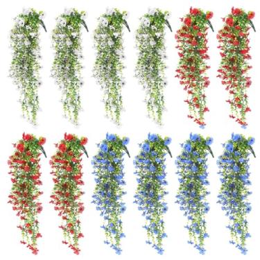 Imagem de FineCheer 12 peças de flores artificiais artificiais penduradas fora de seda falsa patriótica, mães, violetas com eucalipto, realistas, resistentes a UV, trepadeiras, varandas, pátio, quintal