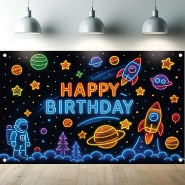 Imagem de Banner de aniversário espacial neon foguete astronauta planeta fotografia de fundo para meninos crianças decorações de festa de aniversário universo planetas galáxia solar cabine de fotos suprimentos