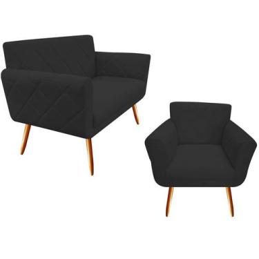 Imagem de Kit Namoradeira + 1 Poltrona Decorativa Sabrina Suede Preto Pés Madeir