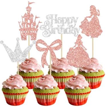 Imagem de Gyufise 24Pcs Frozen Princess Cupcake Toppers Glitter Castle Bowknot Happy Birthday Cake Topper Decorations for Princess Happy Birthday Baby Shower New Year Party Supplies Rose Gold Silver