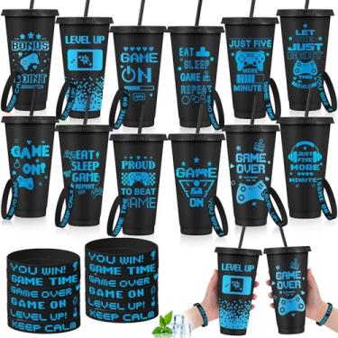 Imagem de Jingmore Conjunto de 12/24 peças de lembrancinhas de festa para jogos inclui copos de plástico de videogame de 680 g com tampas e canudos e pulseiras de silicone, copos de plástico reutilizáveis para