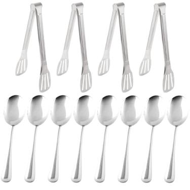 Imagem de Conjunto de utensílios de servir de aço inoxidável com 12 peças, 8 colheres grandes, 4 pinças de servir, conjuntos de utensílios de servir de prata para buffet catering banquete festa (prata)