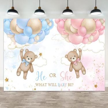 Imagem de ASDCXZ 2,7 x 1,8 m de fundo revelador de gênero urso ele ou ela fotografia fundo azul rosa balão de ar quente laço céu nuvem ouro estrela chá de bebê banner decorações criança recém-nascido festa foto