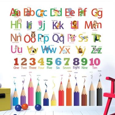 Imagem de Adesivos de parede do alfabeto infantil para sala de aula: Decalques de parede para quarto de bebê, berçário, sala de jogos, quarto - Descole e cole letras ABC aprendendo cores educativas de animais