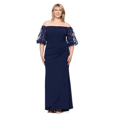 Imagem de Xscape Vestido feminino plus size manga longa ilusão ombro a ombro, Azul marino, 50
