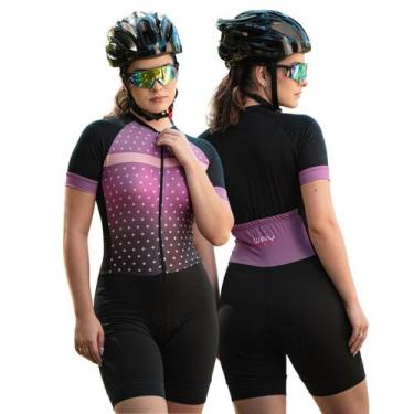 Imagem de Macaquinho de Ciclismo Feminino Manga Curta Way Poá Roxo Forro Espuma 