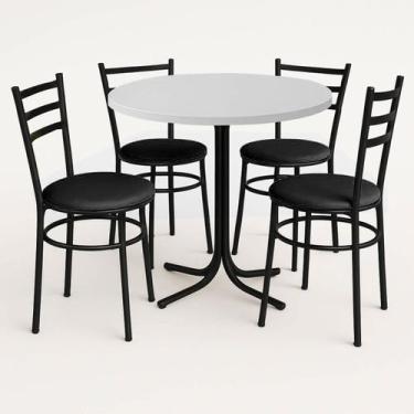 Imagem de Mesa de Jantar Redonda 80cm Branca Com 4 Cadeiras Estofada Preta - Lam