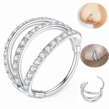Imagem de ORANGELOVE 18G 7 mm 316L dobradiça de aço cirúrgico prata triplo segmento CZ piercing de nariz argola de cartilagem sem costura articulada clicker piercing de orelha para hélice, tragus, concha