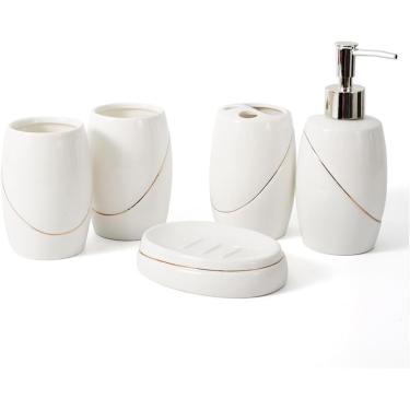 Imagem de Conjunto De Banheiro, Conjuntos De Dispensador De Sabonete Branco, Com Suporte Para Escova De Dentes, Dispensador De Sabonete, Saboneteira, Caneca De Escova De Dentes, Para Casa, Hotel, Cer, F