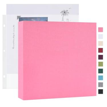 Imagem de Mublalbum Álbum de fotos de 20 x 20 cm, pequeno, 3 anéis, faça você mesmo, com 20 capas de plástico, 40 páginas, capa de linho, pasta para bebê, viagem, aniversário de casamento e projetos DIY (rosa)