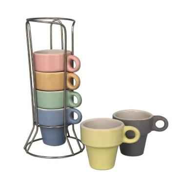 Imagem de Conjunto de 6 Xícaras de Cerâmica Coloridas com Suporte, 50ml, Altura 5,5cm, Cores Pastéis