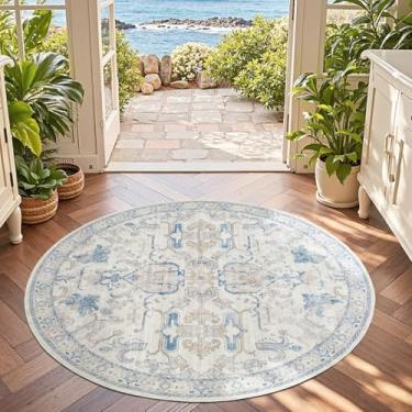 Imagem de jinchan Tapete redondo de 1,5 m para ambientes internos, vintage, floral, círculo, 1,5 m, lavável, ultrafino, pilha baixa, macia, antiderrapante, estampa envelhecida para sala de estar, sala de jantar