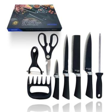 Imagem de Kit Facas Chef Churrasco Inox Antiaderente Preto 8 Peças - Messini Ino