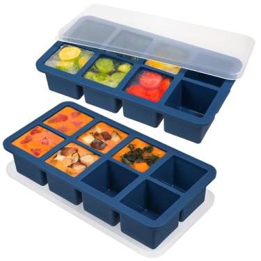 Imagem de Webake Bandeja de silicone para freezer de 1/2 xícara com tampas, molde de cubo de gelo quadrado de 8 grelhas, ideal para preparação e porção, cubo de gelo grande, sopa de armazenamento, lanche, caldo