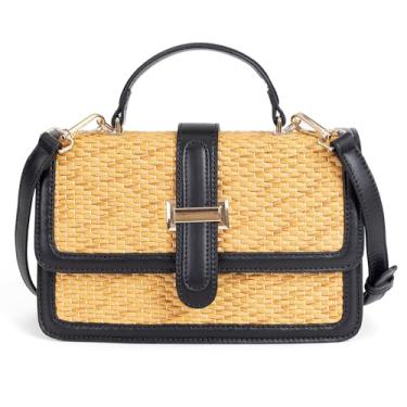 Imagem de boshiho Bolsa tiracolo feminina de palha, bolsa de praia estilo ráfia de tecido com alça superior para férias de verão, Preto, Small, Alça transversal para bolsa de pendurar