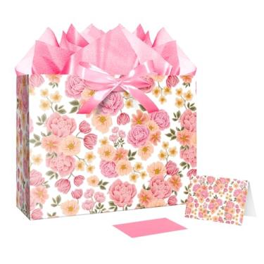 Imagem de JWSCYSY Bolsa de presente floral rosa grande de 32 cm com papéis de seda, fitas e cartão comemorativo para mulheres, aniversário, casamento, chá de panela, dia das mães, presente de embrulho.