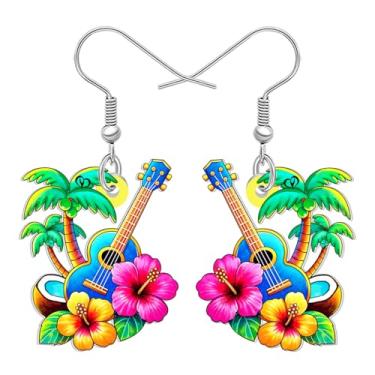 Imagem de DALANE Brincos de acrílico engraçados tropicais havaianos com ukulele, design de flores de hibisco, palmeiras, joias de verão, presentes de praia para mulheres, amuletos de música, Medium, Acrílico