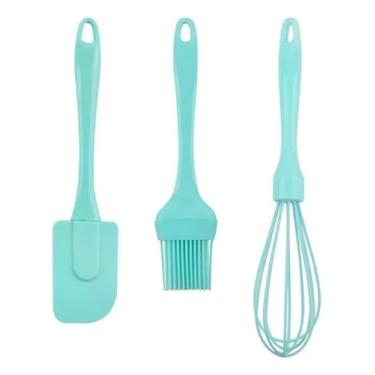 Imagem de Conjunto de Utensílios de Cozinha em Silicone, 3 Peças, Verde, Suporta até 180°C, Pincel 20,5cm, Espátula 22cm, Batedor 24cm