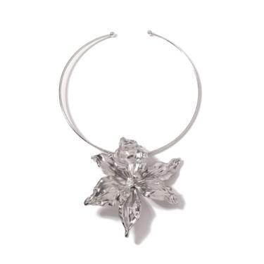 Imagem de Gargantilha feminina metálica grande com flor aberta - banhado a ouro, tribal, vintage, boêmio, festa, declaração, colar, moda bijuteria, Large, Zinco, Sem Pedra Preciosa