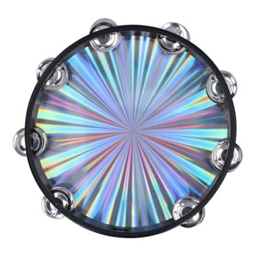 Imagem de Radiante pandeiro mão percussão instrumento reflexivo claro nítido som duplo linha sino tambor para festas aulas de música e acampamento ao ar livre vidoeiro madeira metal plástico (8 polegadas) (10