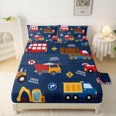 Imagem de QOOMO Jogo de lençol solteiro infantil de construção, escavadeira, bolso profundo de 40,6 cm, estampa de caminhão, macio e respirável para meninos/meninas/crianças/adolescentes