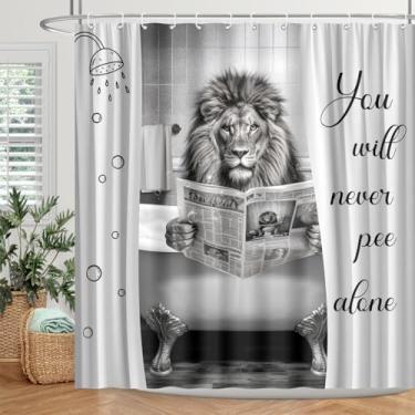 Imagem de BIYSUC Cortina de chuveiro engraçada leão humor Leão citações divertidas animal preto branco cinza decoração de banheiro tecido de poliéster impermeável 182 x 182 cm L com 12 peças ganchos de plástico