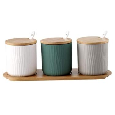 Imagem de Conjunto de 3 recipientes de cerâmica para temperos com tampas e colheres, caixa de pote de tempero para açúcar, sal, café, chá, organizador de armazenamento de condimentos de bancada de cozinha