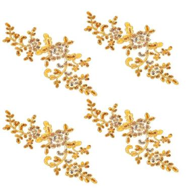 Imagem de 4 peças de apliques de renda bordados de lantejoulas com apliques de flores douradas costurados em tecido floral para decoração de artesanato com motivos florais para decoração de renda para roupas