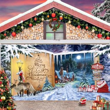 Imagem de Decoração de porta de garagem de Natal banner 2,1 x 4,9 m inverno natal capa de porta de garagem livro de histórias de fadas país das maravilhas floresta rena feriado ao ar livre grande carro duplo