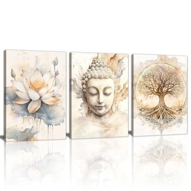 Imagem de WENGTIAO 3 peças de arte de parede em tela zen bege árvore da vida pinturas de parede Buda Lotus Pictures pôsteres religiosos espiritual meditação sala decoração para sala de estar quarto spa