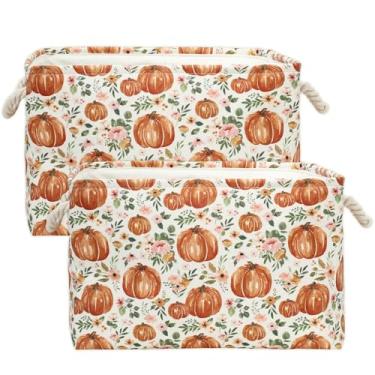 Imagem de FYSUIMU 2 peças cesta de armazenamento retangular de abóbora floral de outono 38 x 25 x 23 cm bolsa organizadora de brinquedos aberta dobrável com alça outono grande caixa de armazenamento de pano