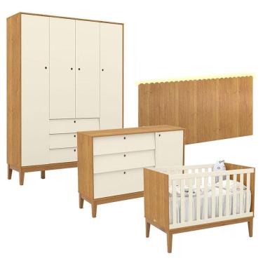 Imagem de Quarto de Bebê Unique 4 Portas com Cômoda Sapateira e Painel Farm com Led Freijó Off White Eco Wood - Matic