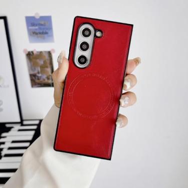Imagem de HJZSZX Para Samsung Galaxy Z Fold6 Capa de telefone magnética de couro de cor sólida de luxo com carregamento sem fio à prova de choque (para Samsung Galaxy Z Fold6/vermelho)