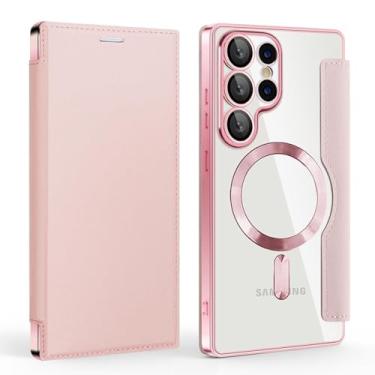 Imagem de HJZSZX Para Galaxy S24Ultra Magnético Luxo Cor Sólida Couro Flip Carteira Slot Para Cartão Capa de Telefone (Para Galaxy S24Ultra/Rosa)