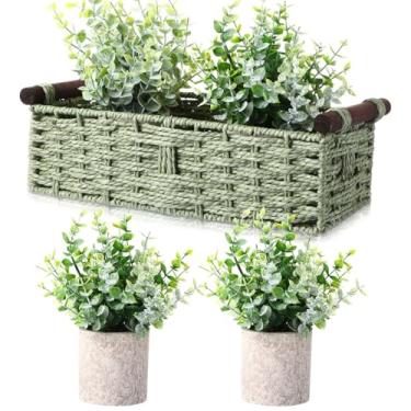 Imagem de Capoda Cestas de vime de armazenamento verde com plantas falsas, vaso sanitário em vaso de eucalipto, cesto de papel, bandeja decorativa de armazenamento para bancada e prateleiras, casa de banho
