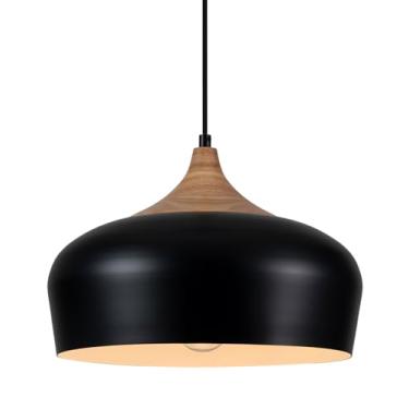 Imagem de Lingkai Iluminação pendente moderna, luminárias pendentes de 35 cm com cúpula de metal e tampa de madeira natural, luminária de teto industrial minimalista para sala de jantar ilha de cozinha, preto