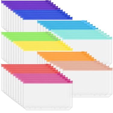 Imagem de Antner 50 peças de bolsos para fichário A6 com 6 furos, 10 pastas com zíper de cores sortidas, envelopes de enchimento para dinheiro, sacos de enchimento de folhas soltas, organizador de dinheiro para