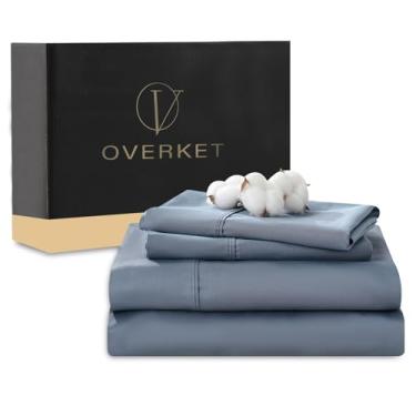 Imagem de Overket Lençóis de algodão egípcio tamanho casal 4 peças 1000 fios trama cetim macio respirável bolso profundo 40,6 cm (completo, azul empoeirado)